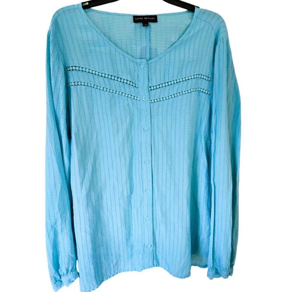 Lane Bryant Button Front Blouse Women's Size 24 Turquoise Blue No-Peek Crew Neck